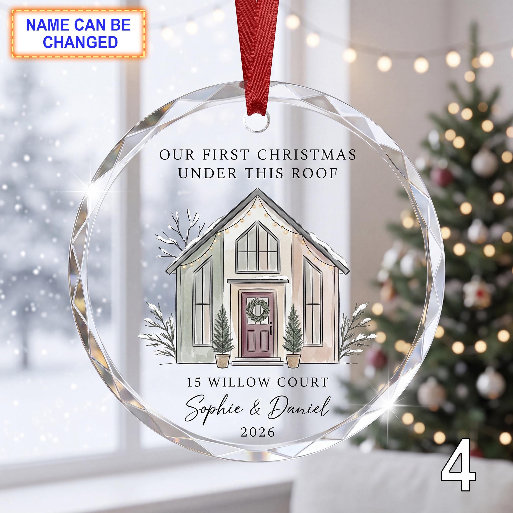 Our First Christmas Under This Roof Glass Ornament – Personalized White Farmhouse Keepsake - Image 4