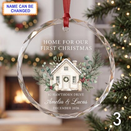 Home for Our First Christmas Glass Ornament – Personalized Cottage Keepsake - Image 3