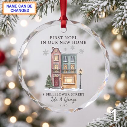 First Noel in Our New Home Glass Ornament – Personalized Townhouse Keepsake