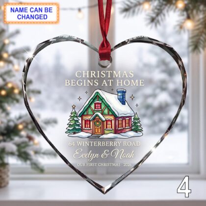 Christmas Begins at Home Glass Ornament – Personalized Red Cottage Keepsake - Image 4