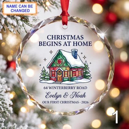 Christmas Begins at Home Glass Ornament – Personalized Red Cottage Keepsake