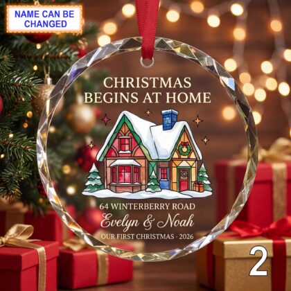 Alternative view of Christmas Begins at Home Glass Ornament – Personalized Red Cottage Keepsake