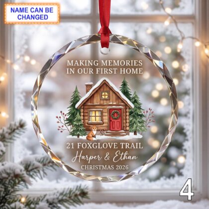 Making Memories in Our First Home Glass Ornament – Personalized Wooden Cabin Keepsake - Image 4