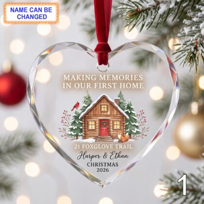 Making Memories in Our First Home Glass Ornament – Personalized Wooden Cabin Keepsake