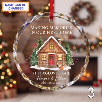 Making Memories in Our First Home Glass Ornament – Personalized Wooden Cabin Keepsake - Image 3