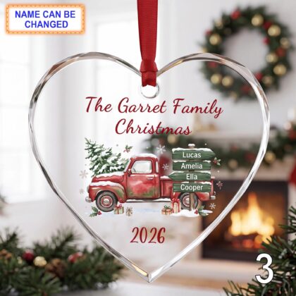 Personalized Christmas Glass Ornament – Custom Holiday Keepsake with Red Vintage Pickup Truck - Image 3