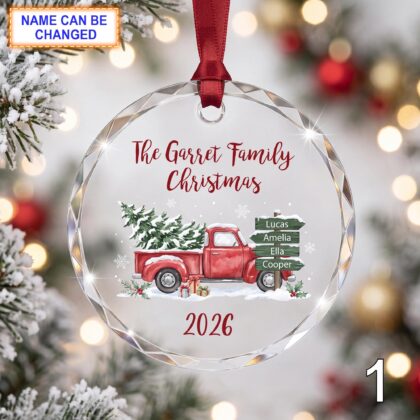 Personalized Christmas Glass Ornament – Custom Holiday Keepsake with Red Vintage Pickup Truck