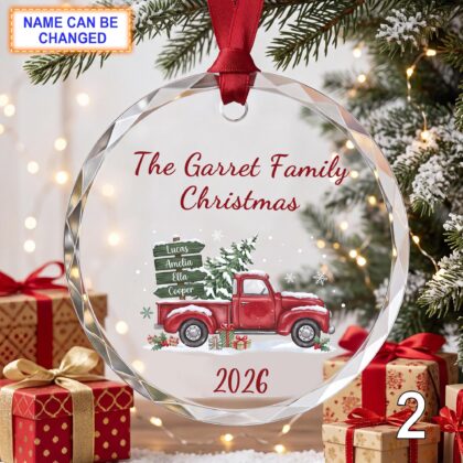 Alternative view of Personalized Christmas Glass Ornament – Custom Holiday Keepsake with Red Vintage Pickup Truck