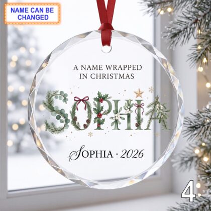 Christmas Glass Ornament – Custom Holiday Name Keepsake with Greenery Lettering - Image 4