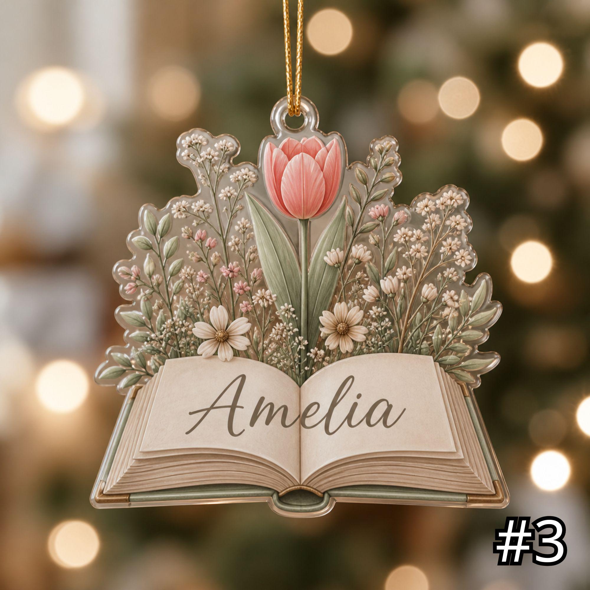 Personalized Open Book Flower Garden Ornament – Acrylic Christmas Ornament - Image 3