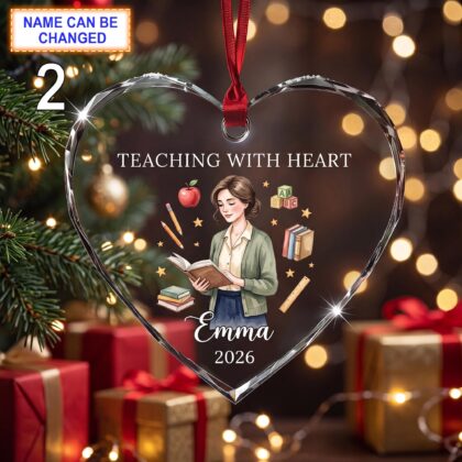 Alternative view of Teaching With Heart Teacher Christmas Glass Ornament – Custom Educator Keepsake featuring Apple