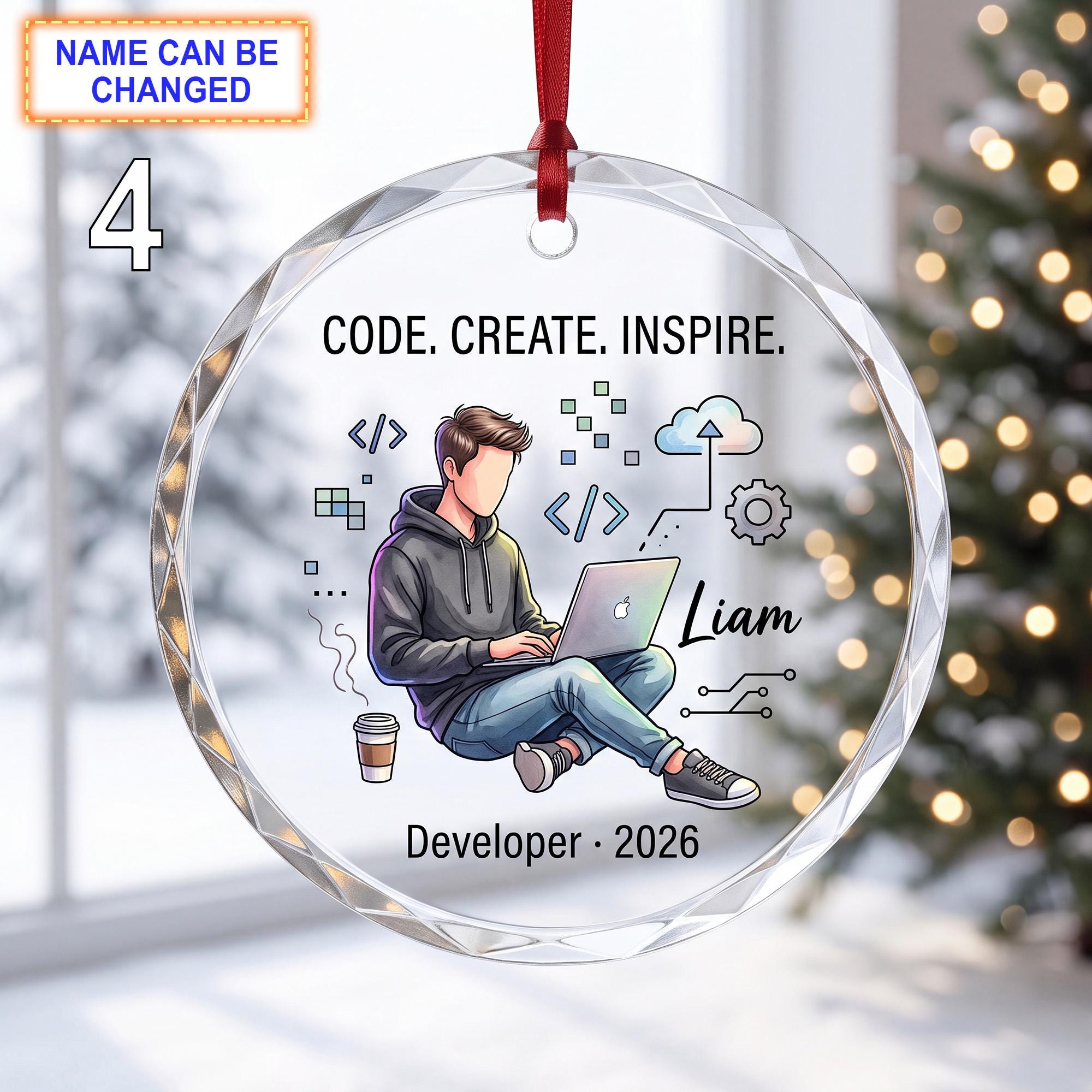 Code - Create - Inspire Christmas Glass Ornament – Custom Developer Keepsake with Laptop - Image 4