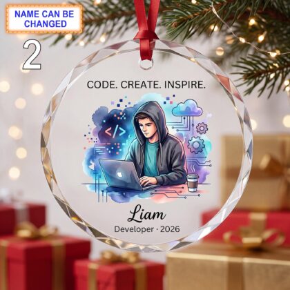 Alternative view of Code - Create - Inspire Christmas Glass Ornament – Custom Developer Keepsake with Laptop