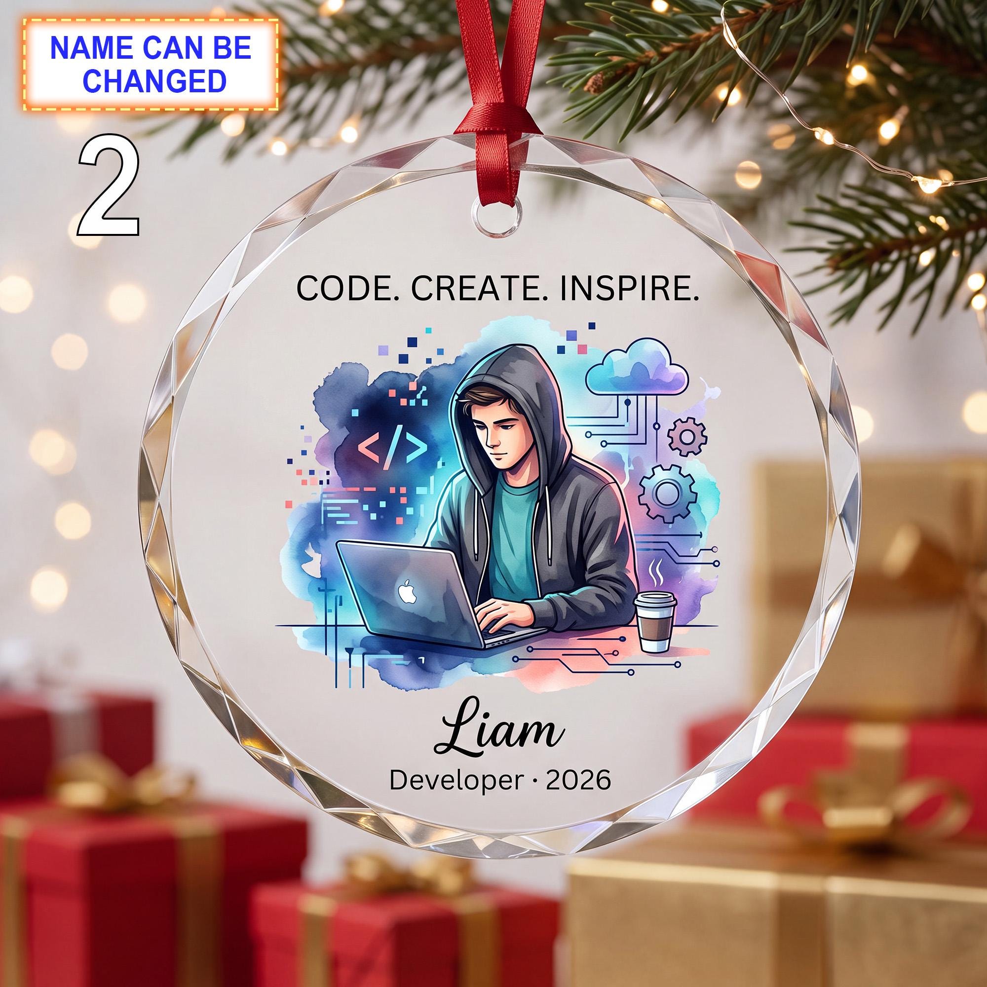 Code - Create - Inspire Christmas Glass Ornament – Custom Developer Keepsake with Laptop - Image 2