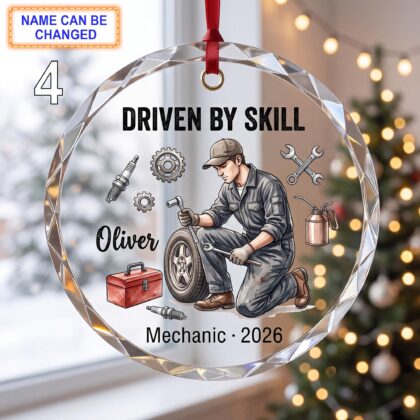 Driven by Skill Christmas Glass Ornament – Custom Mechanic Keepsake with Car Wheel - Image 4