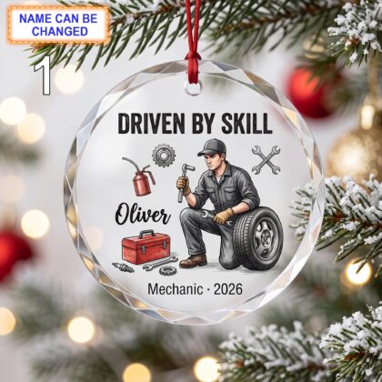 Driven by Skill Christmas Glass Ornament – Custom Mechanic Keepsake with Car Wheel