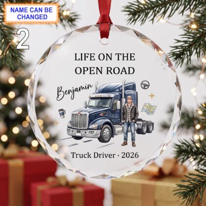 Alternative view of Life on the Open Road Christmas Glass Ornament – Custom Truck Driver Keepsake with Semi Truck