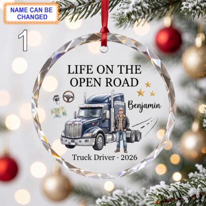 Life on the Open Road Christmas Glass Ornament – Custom Truck Driver Keepsake with Semi Truck