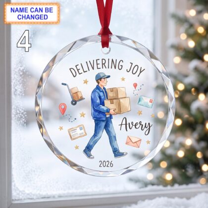Delivering Joy Christmas Glass Ornament – Custom Delivery Worker Keepsake with Packages - Image 4