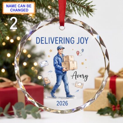 Alternative view of Delivering Joy Christmas Glass Ornament – Custom Delivery Worker Keepsake with Packages
