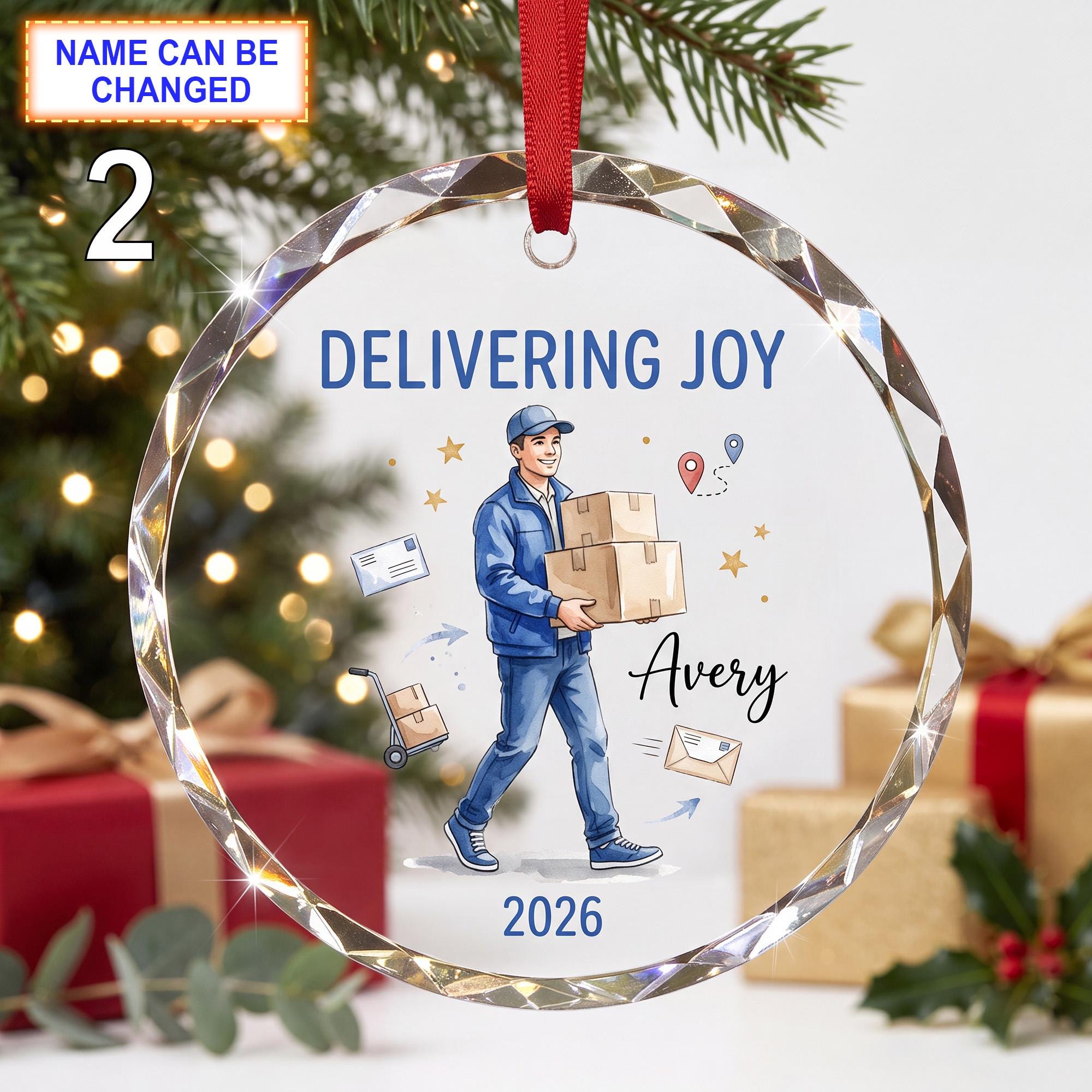 Delivering Joy Christmas Glass Ornament – Custom Delivery Worker Keepsake with Packages - Image 2
