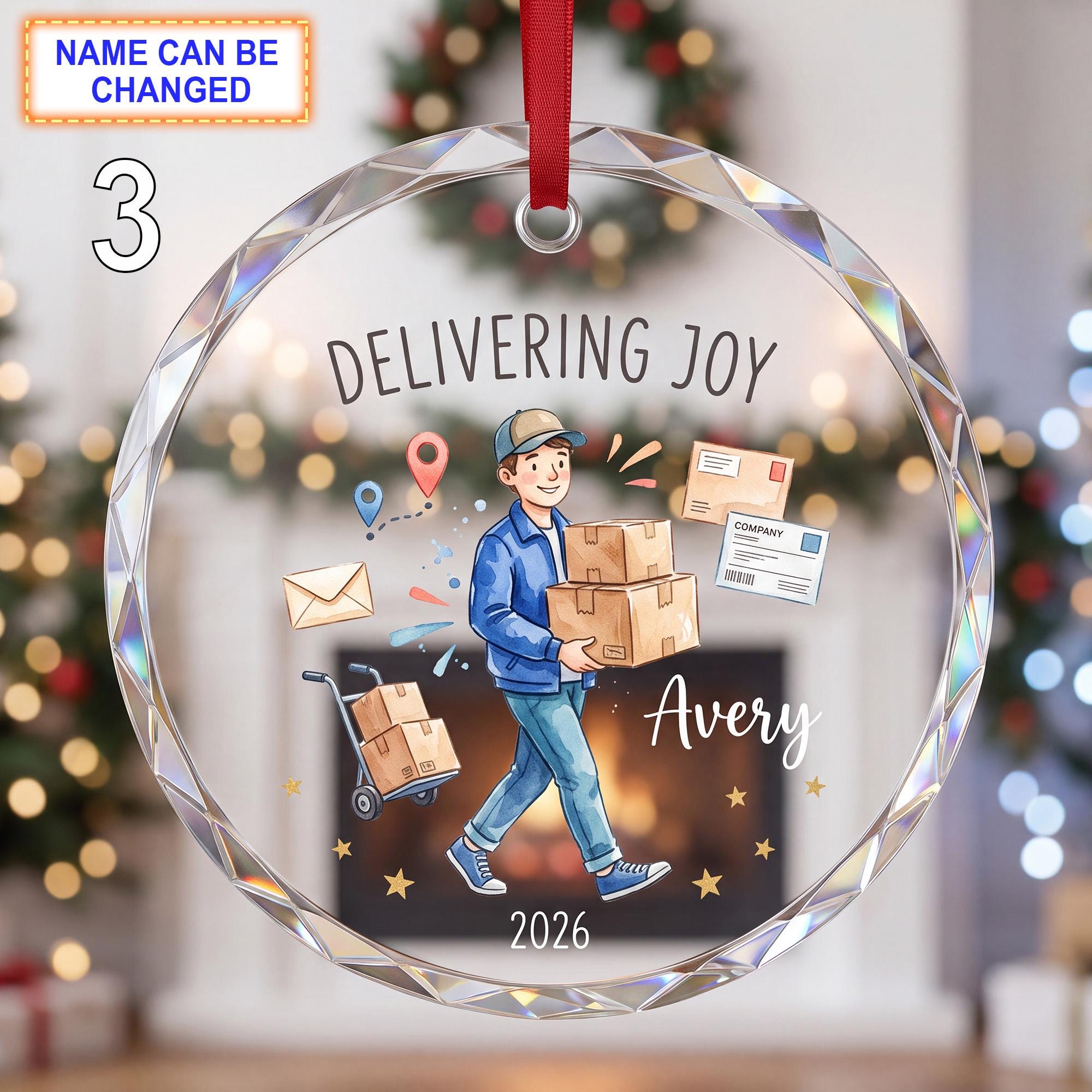 Delivering Joy Christmas Glass Ornament – Custom Delivery Worker Keepsake with Packages - Image 3