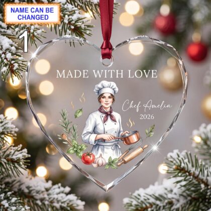 Made With Love Christmas Glass Ornament – Custom Chef Keepsake with Chef Hat