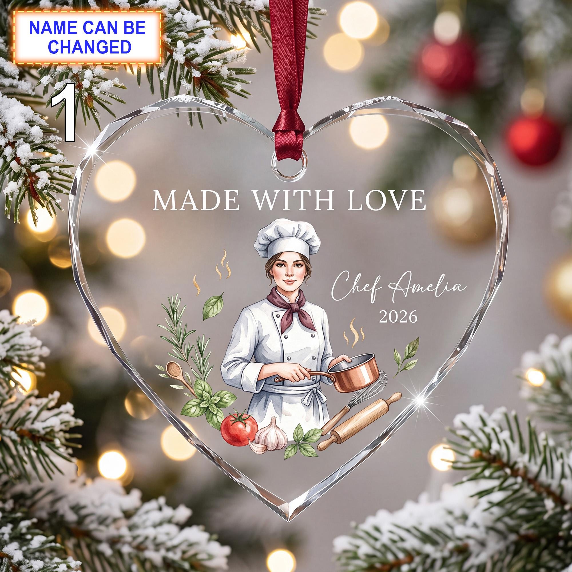 Made With Love Christmas Glass Ornament – Custom Chef Keepsake with Chef Hat