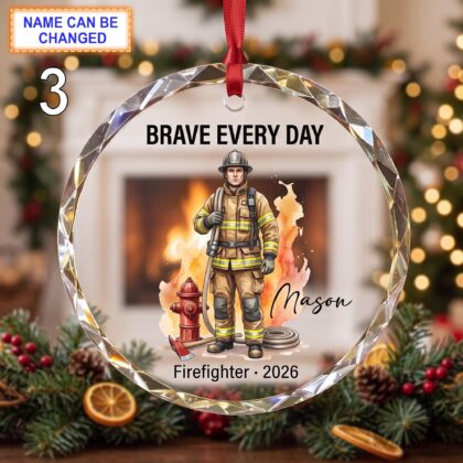 Brave Every Day Christmas Glass Ornament – Custom Firefighter Keepsake with Helmet - Image 3