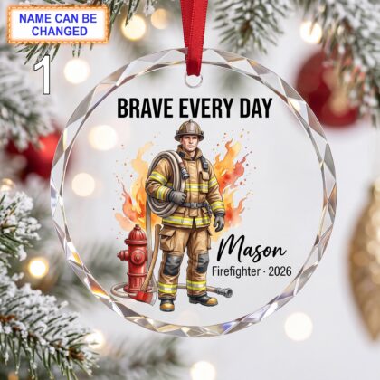 Brave Every Day Christmas Glass Ornament – Custom Firefighter Keepsake with Helmet