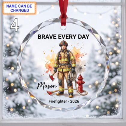Brave Every Day Christmas Glass Ornament – Custom Firefighter Keepsake with Helmet - Image 4