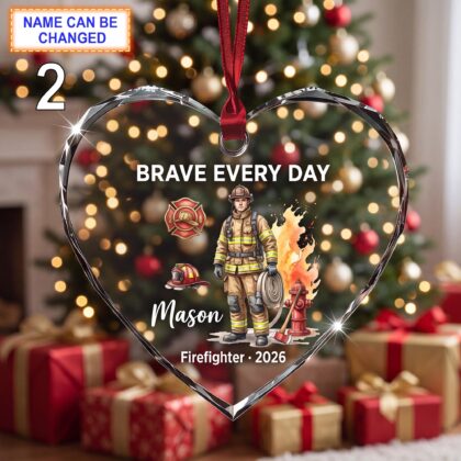 Alternative view of Brave Every Day Christmas Glass Ornament – Custom Firefighter Keepsake with Helmet