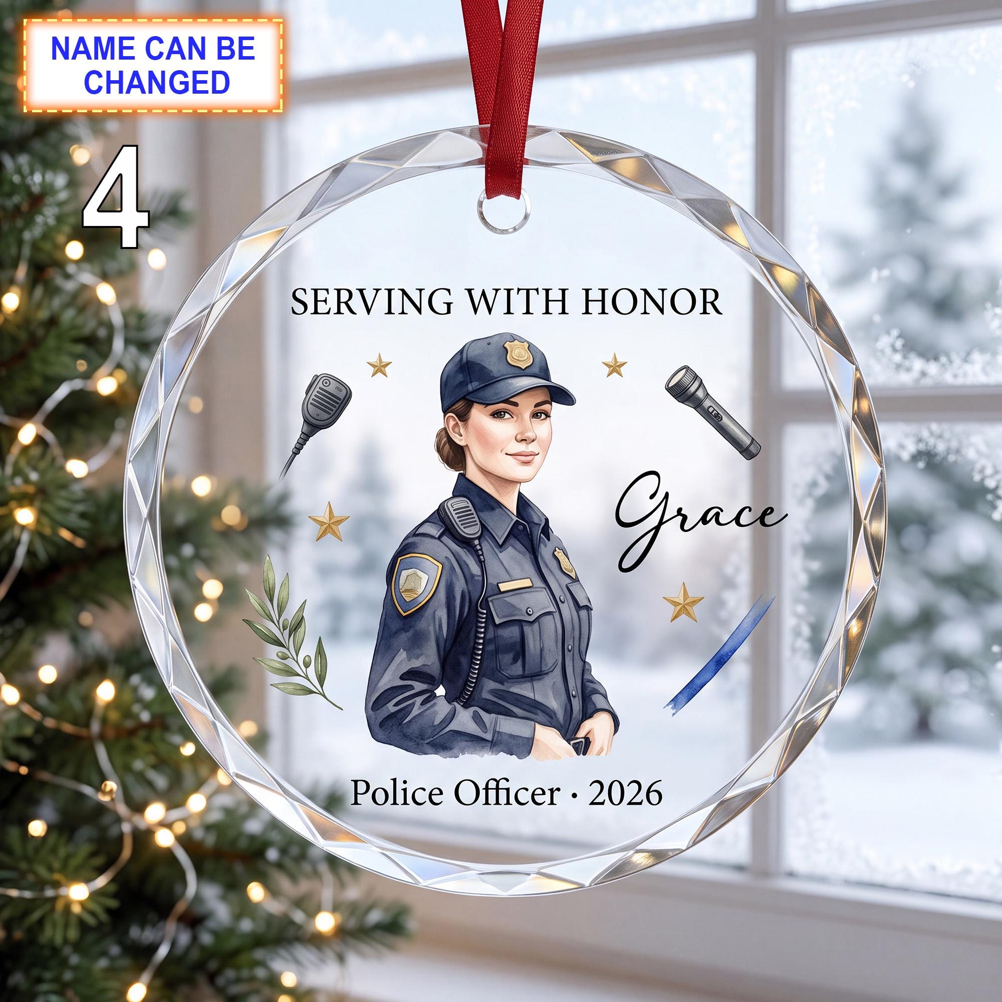 Serving With Honor Christmas Glass Ornament – Custom Police Officer Keepsake with Uniform - Image 4