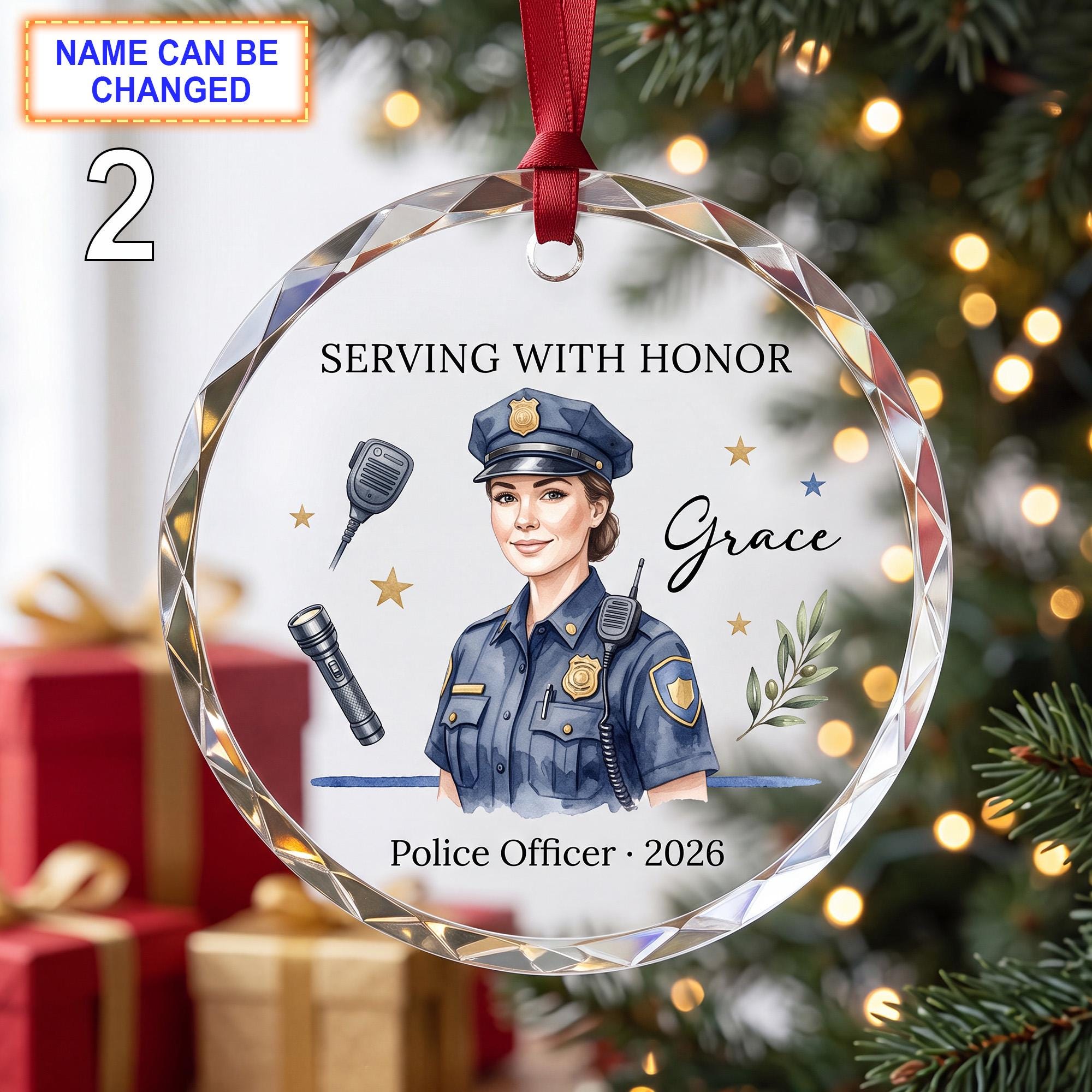 Serving With Honor Christmas Glass Ornament – Custom Police Officer Keepsake with Uniform - Image 2