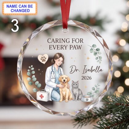 Caring for Every Paw Christmas Glass Ornament – Custom Veterinarian Keepsake with Puppy - Image 3
