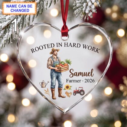 Rooted in Hard Work Christmas Glass Ornament – Custom Farmer Keepsake with Produce Basket
