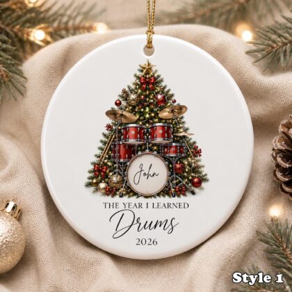 Personalized Drummer Christmas Ornament – Custom Name Ceramic Drum Set Tree Keepsake
