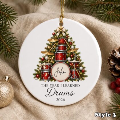 Personalized Drummer Christmas Ornament – Custom Name Ceramic Drum Set Tree Keepsake - Image 3