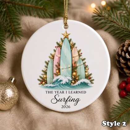 Alternative view of Personalized Surfing Christmas Ornament – Custom Name Ceramic Surfboard Beach Tree Keepsake