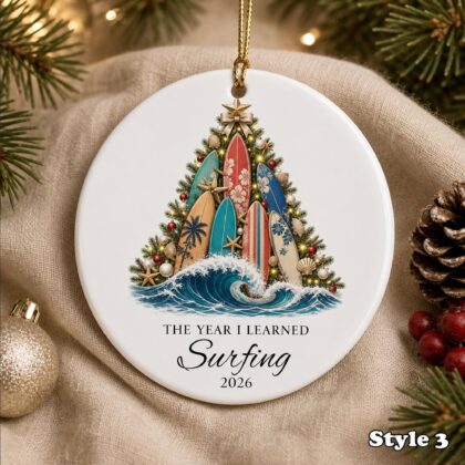 Personalized Surfing Christmas Ornament – Custom Name Ceramic Surfboard Beach Tree Keepsake - Image 3