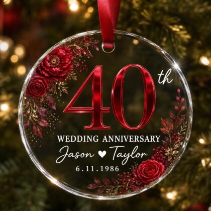 40th Wedding Anniversary Glass Ornament – Personalized Ruby Anniversary Gift