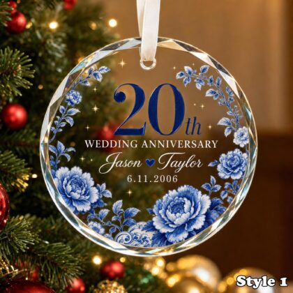Alternative view of Personalized 20th Wedding Anniversary Glass Ornament – China Anniversary Gift for Couple