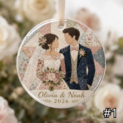 Alternative view of Personalized Bride and Groom Ceramic Ornament – Patchwork Quilt Style Wedding Keepsake