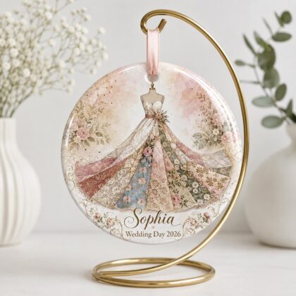 Personalized Bride Dress Ceramic Ornament – Patchwork Quilt Style Wedding Gown Keepsake