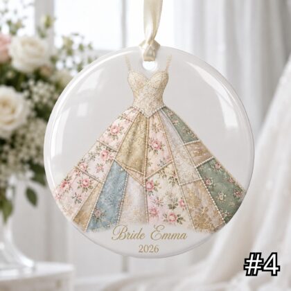 Personalized Bride Dress Ceramic Ornament – Patchwork Quilt Style Wedding Gown Keepsake - Image 5