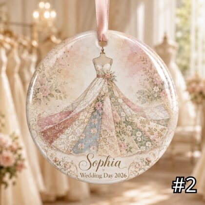 Personalized Bride Dress Ceramic Ornament – Patchwork Quilt Style Wedding Gown Keepsake - Image 3