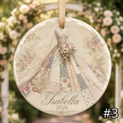 Personalized Bride Dress Ceramic Ornament – Patchwork Quilt Style Wedding Gown Keepsake - Image 4