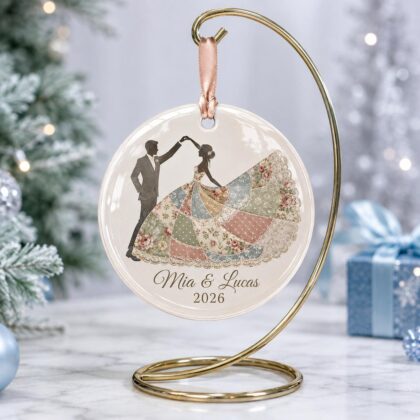 Personalized First Dance Ceramic Ornament – Patchwork Quilt Style Bride Groom Wedding Keepsake