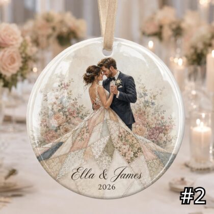 Personalized First Dance Ceramic Ornament – Patchwork Quilt Style Bride Groom Wedding Keepsake - Image 3