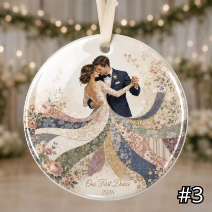 Personalized First Dance Ceramic Ornament – Patchwork Quilt Style Bride Groom Wedding Keepsake - Image 4